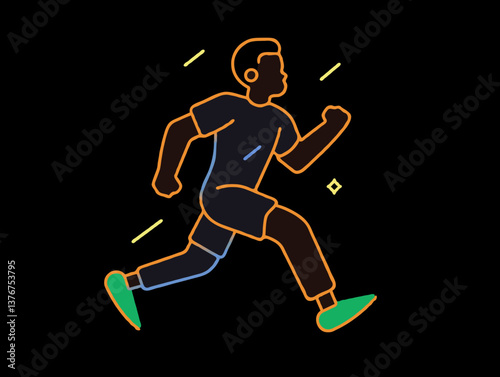 Man running in neon outline style on black background
