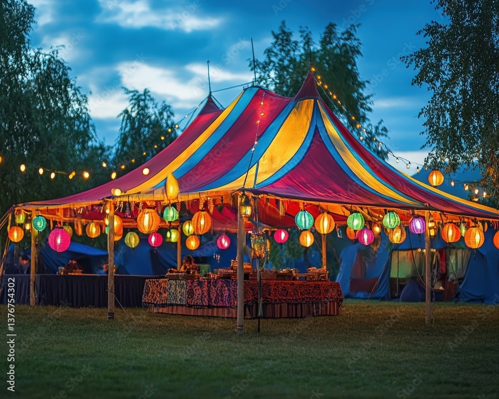 Obraz premium Rural feast under canopy tent with glowing lanterns