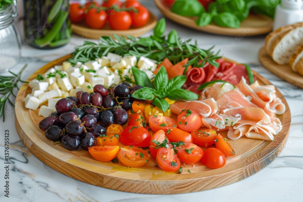 Healthy food for balanced flexitarian Mediterranean diet concept on a wooden platter Healthy food for balanced flexitarian Mediterranean diet concept on a wooden platter