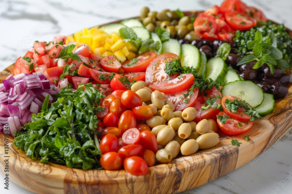 Healthy food for balanced flexitarian Mediterranean diet concept on a wooden platter Healthy food for balanced flexitarian Mediterranean diet concept on a wooden platter