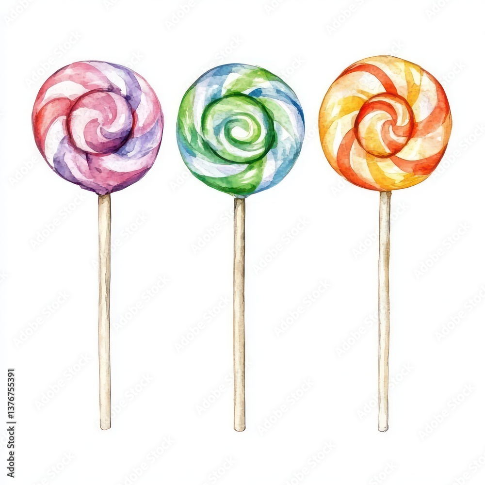 Sweet Swirl Lollipops: Three vibrant swirl lollipops in pink, green, and orange, offering a delightful and colorful treat for the eyes. Sweet Swirl Lollipops: Three vibrant swirl lollipops in pink, green, and orange, offering a delightful and colorful treat for the eyes.