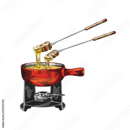 Cheese fondue cooking vector sketch, hand drawn melted cheese with bread slice on skewer, fondue pot heating on stand