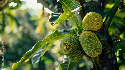 A photo of a breadfruit tree with breadfruits