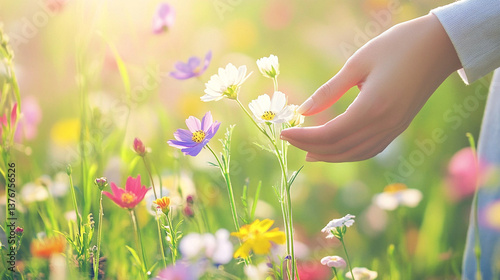 hand picking wild flowers in a meadow
