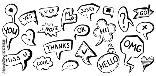 Set of speech bubbles short phrases. Typography design messages, yes, ok, no, hi, omg, hello, go, thanks. Hand draw style