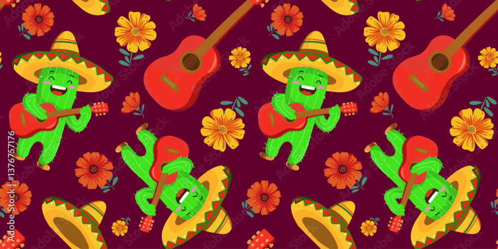 Obraz premium Seamless Mexican pattern with cute cactus playing guitar, sombreros, and vibrant flowers on a dark background. Perfect for Cinco de Mayo, Day of the Dead, and festive decor