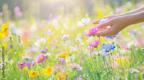 hand picking wild flowers in a meadow