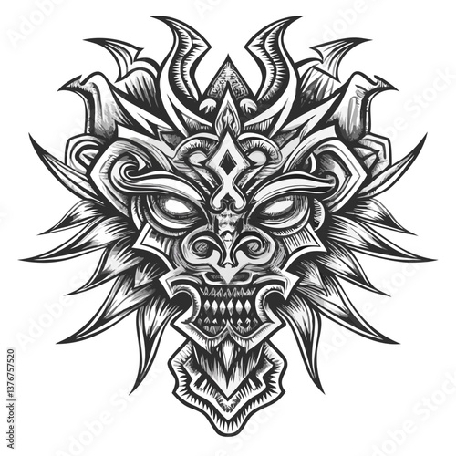 Mythological Guardian Mask: A dramatic illustration of a mystical guardian mask, its intricate details and menacing expression invoke power and mystique.