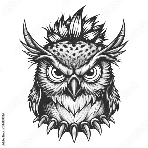Wise Owl in Grayscale: A detailed illustration of an owl stares with piercing eyes, exuding a sense of wisdom and authority.