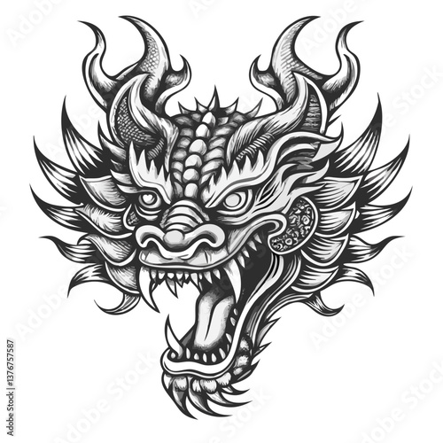 The Majestic Dragon: A formidable and detailed illustration of a mythical dragon head, expertly rendered to showcase its fierce expression and intricate scales. This artwork embodies power, strength.
