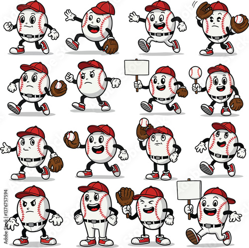 Cartoon Baseball Characters in Various Poses and Expressions with Red Caps and Gloves icon set