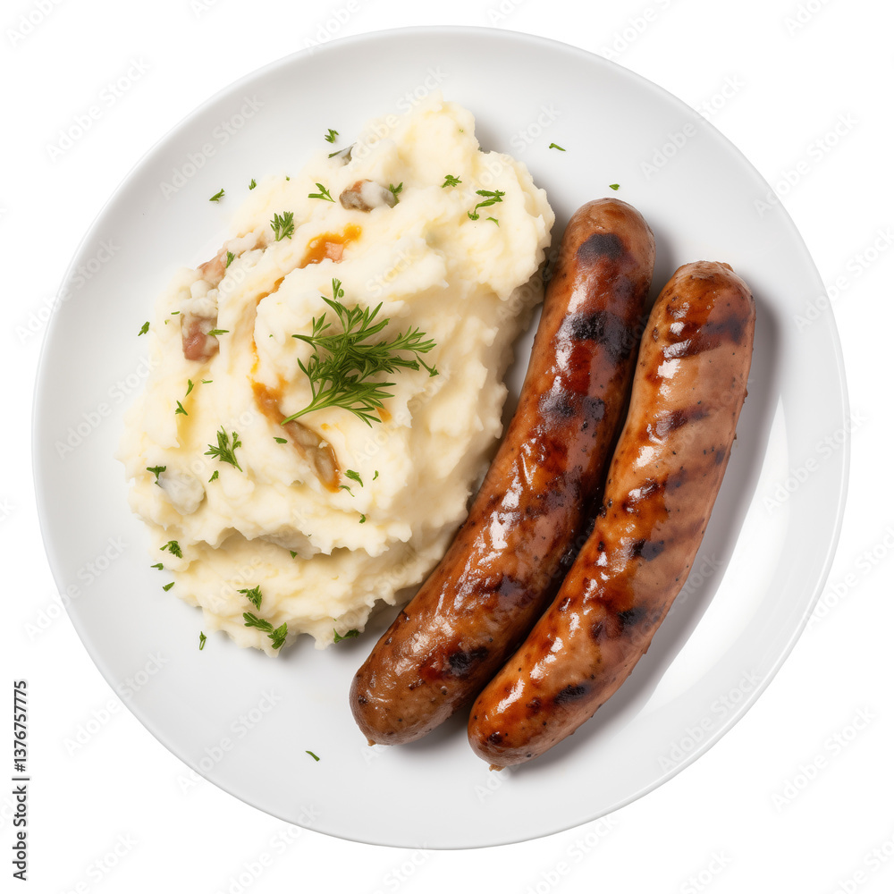 Grilled Sausages and Mashed Potatoes on a White Plate Grilled Sausages and Mashed Potatoes on a White Plate