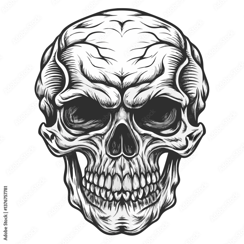 Fototapeta premium Grim Reaper Skull: A detailed illustration of a skull with piercing eyes and a menacing grin, rendered in a vintage style.