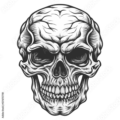 Grim Reaper Skull: A detailed illustration of a skull with piercing eyes and a menacing grin, rendered in a vintage style.