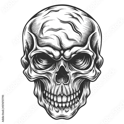 Human Skull Illustration: A detailed, vintage-style illustration of a human skull, rendered in black and white,  exudes a sense of mystery and intrigue.