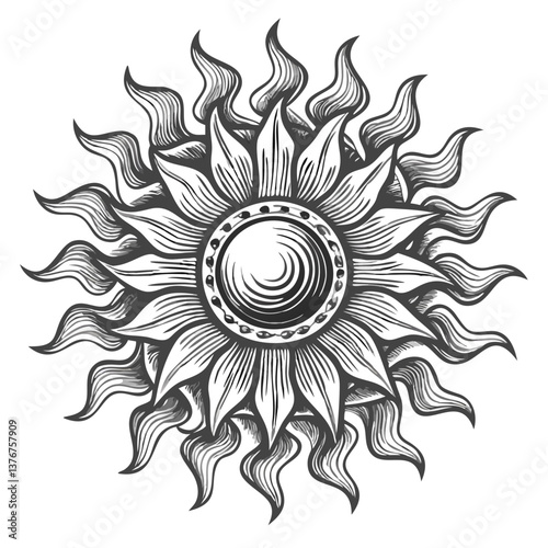 Sun in Bloom:  An intricately drawn sun with a swirling center and a bloom of flames surrounding it, the sun's rays are delicate yet fierce and vibrant.