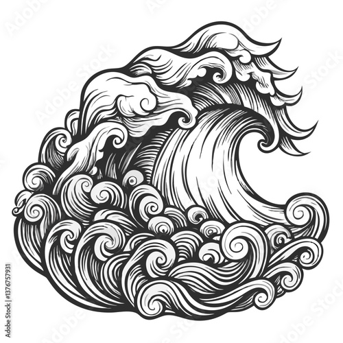 Ocean's Embrace: Intricate linework captures the raw power and mesmerizing beauty of a towering ocean wave, with churning curls and a crest poised to break. 