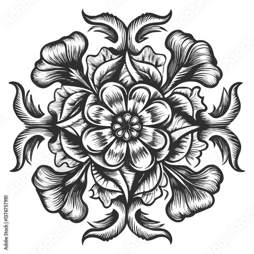 Floral Ornament Engraving: A symmetrical floral ornament showcases detailed engravings, perfect for adding elegance and decorative flair to your designs.
