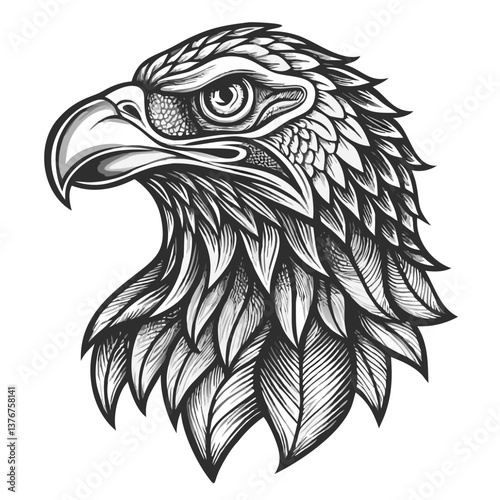 Eagle Head: A detailed black and white illustration captures the proud profile of an eagle, showcasing its keen gaze and majestic presence, a symbol of strength and freedom.