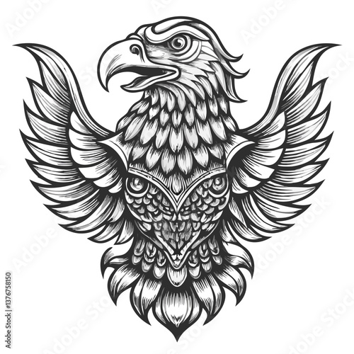  Majestic Eagle Illustration: A stunningly detailed grayscale illustration of a majestic eagle, featuring intricately rendered feathers and a commanding presence.