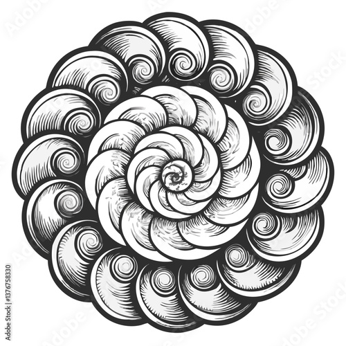 Mandala art: A captivating mandala, an intricate black and white spiral of interconnected swirls, reflecting unity and balance in a visual feast of design and artistic finesse.
