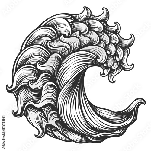 Oceanic Swirl: A beautifully rendered illustration of a curling ocean wave, depicted in a striking black and white graphic style, showcasing the power and elegance of the sea.