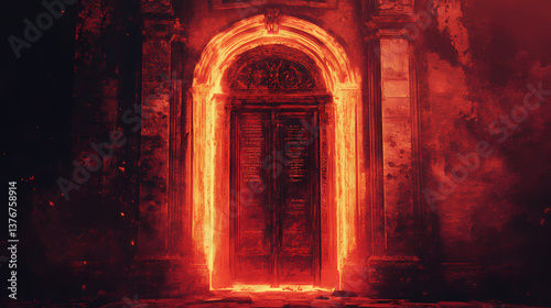 Infernal cathedral doors with an unholy glow and arcane inscriptions. arcane - relic. illustration. Unholy Relic. Illustration