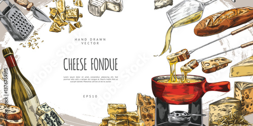 Cheese fondue sketch vector banner, hand drawn melted cheese with bread slice on fondue skewer and bowl, wine and garlic