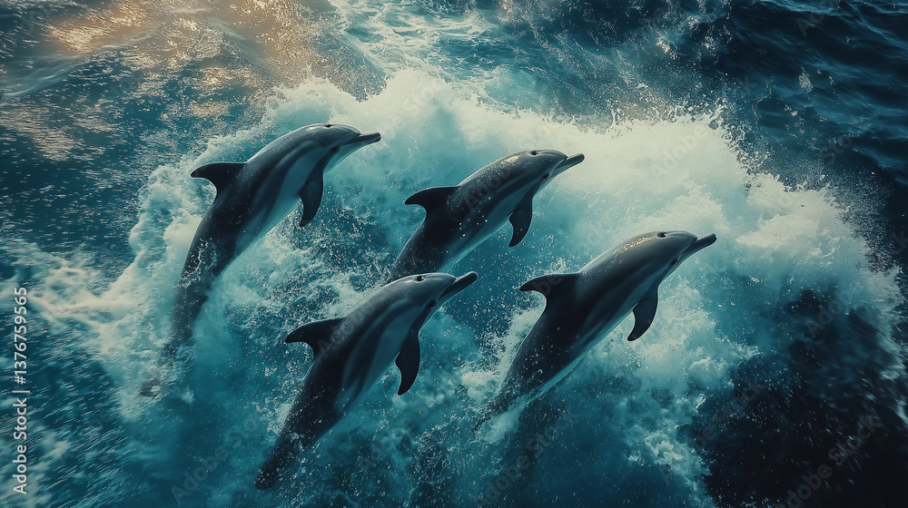 Fototapeta premium Four dolphins leap playfully ocean waves splash dramatic teal water stunning aerial view