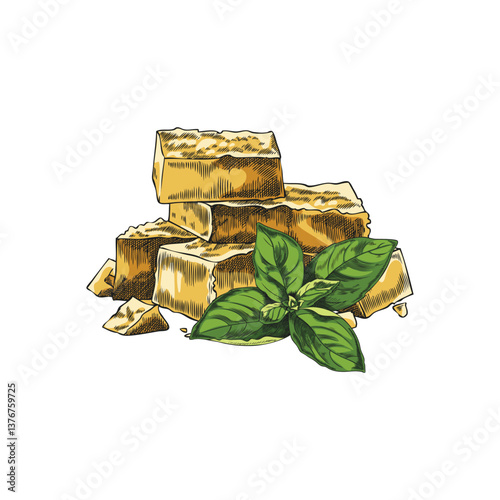 Cheese parts sketch, parmesan brick pieces with basil leaves, milk food production, hand drawn vector healthy snack