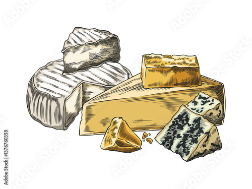 Different cheeses assortment vector sketch composition, hand drawn Gorgonzola, Camembert, gruyere and parmesan pieces