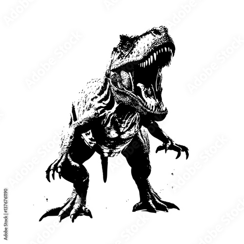 Tyrannosaurus Rex in Silhouette: A formidable Tyrannosaurus Rex stands tall, its imposing form captured in striking monochrome silhouette, creating a dramatic effect.