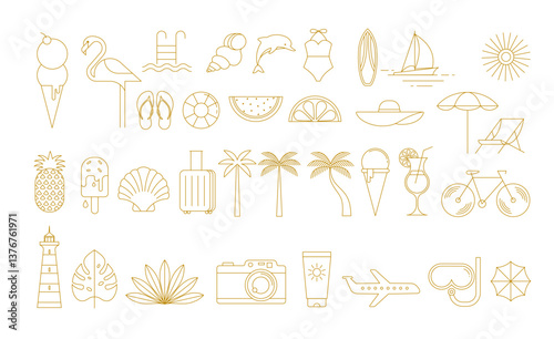 Summer elements, linear minimalist icons. Linear simple, modern style. Ice cream, cocktail, flamingo, palms, beach, sea and sun illustration