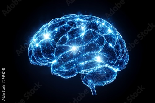 Glowing neural brain network showcasing blue digital connectivity on black background