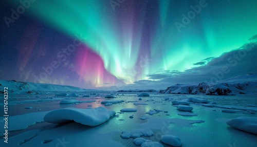 Stunning Aurora Borealis Illuminating Icy Landscape at Night, Spectacular aerial view, Hot air balloon festival  