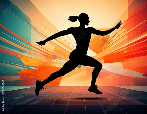 Young athletic woman silhouette running over modern colorful abstract background