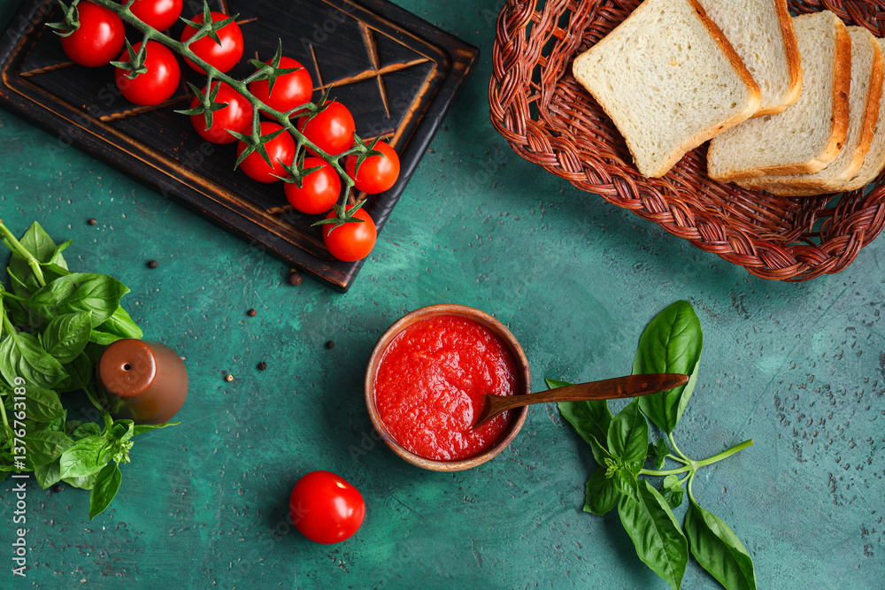 Φωτογραφία Wooden bowl of tomato sauce with basil and bread slices on green background