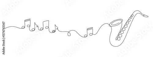 Saxophone with notes in one continuous line drawing. Wind musical instrument for orchestra and jazz concert banner in simple linear style. Editable stroke. Doodle oneine vector illustration