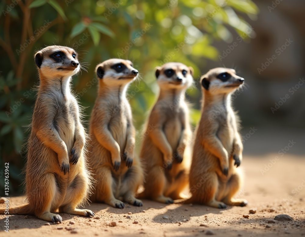 Group of meerkats standing guard. Suricates alert vigilant. Small mammals on lookout. Cute animals watch. Wildlife in nature. Guarding desert terrain. Group of meerkats standing guard. Suricates alert vigilant. Small mammals on lookout. Cute animals watch. Wildlife in nature. Guarding desert terrain.