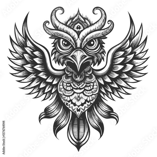 Symbol of Wisdom: A detailed monochrome illustration showcases a majestic owl with open wings, intricately designed with feathers and a captivating gaze, representing wisdom and knowledge.