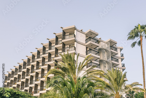 A tall building with a palm tree in front of it photo