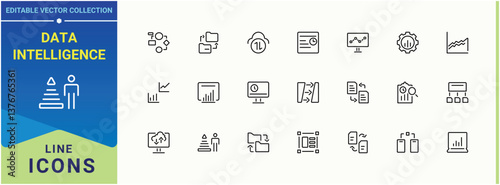 Data Intelligence vector icon set. Containing data, database, computing, management, analysis, research and more. Data Analytics line icon. Minimalist vector collections. Editable vector.