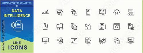 Data Intelligence vector icon set. Containing data, database, computing, management, analysis, research and more. Data Analytics line icon. Minimalist vector collections. Editable vector.
