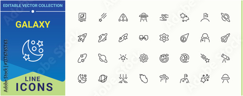 Galaxy icon set. Contains such icons as planet, eclipse, solar system, space, constellation, universe, cosmos. Cosmology modern icon set. Modern thin line style icons. Art and illustration.