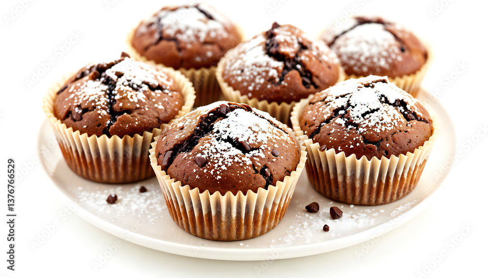 A plate of delicious chocolate muffins, dusted with powdered sugar and chocolate chips, is the perfect image for your baking blog or cookbook. The muffins look moist and decadent. A plate of delicious chocolate muffins, dusted with powdered sugar and chocolate chips, is the perfect image for your baking blog or cookbook. The muffins look moist and decadent.