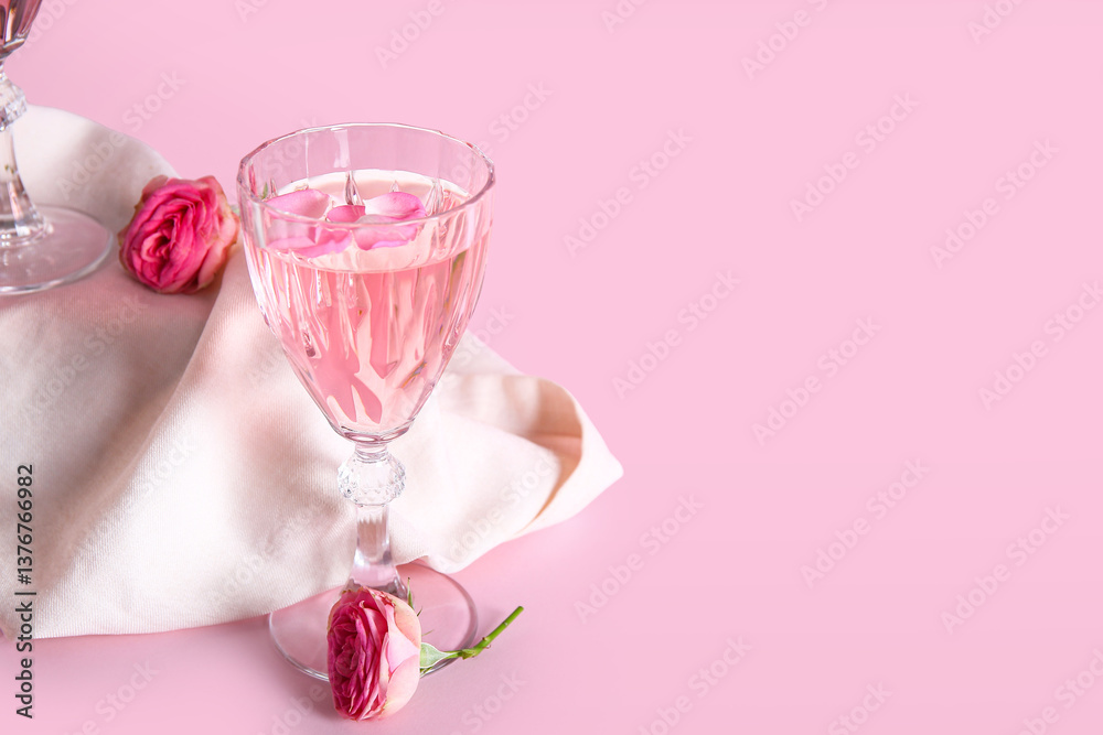 Φωτογραφία Glass of tasty pink wine with petals and beautiful roses on color background