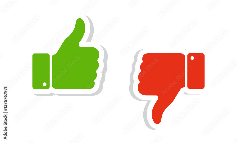 Thumbs up and thumbs down icon set. Like and dislike symbols in green and red colors. Rating and feedback. Do and Don't icons. Vector stickers. Thumbs up and thumbs down icon set. Like and dislike symbols in green and red colors. Rating and feedback. Do and Don't icons. Vector stickers.