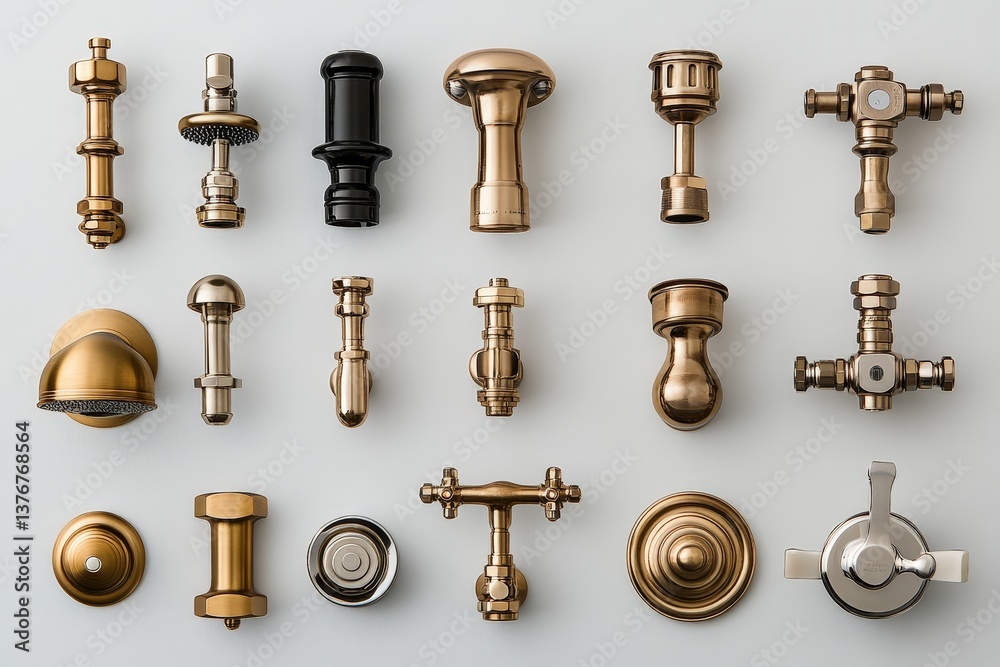Assorted brass and metal plumbing fixtures arranged neatly on a light background. Assorted brass and metal plumbing fixtures arranged neatly on a light background.