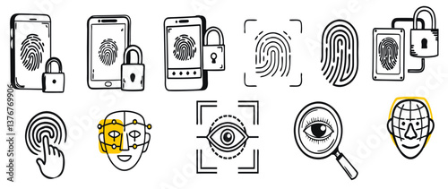 Security Icons for Biometric Authentication with Smartphones  for mobile app, for user interface,minimal style
