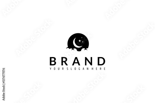 crescent moon logo with clouds in silhouette design